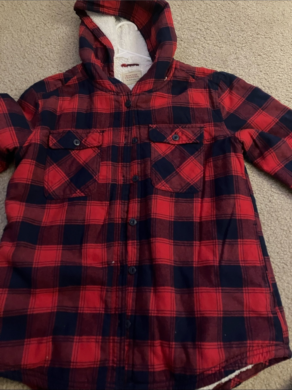 Boston Traders Red & Navy Plaid Hooded Button-Front Shirt